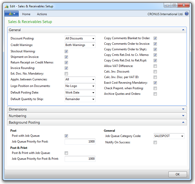 Task page showing setup of sales and receivables