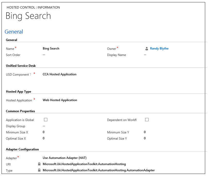 Hosted control information dialog box