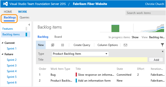 Backlog page with work items in priority order