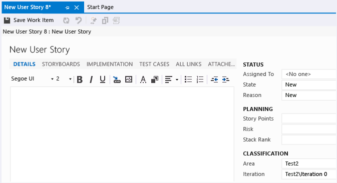 Work Item Form for a User Story