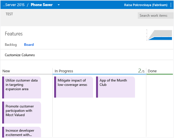 The Features backlog has its own Kanban board