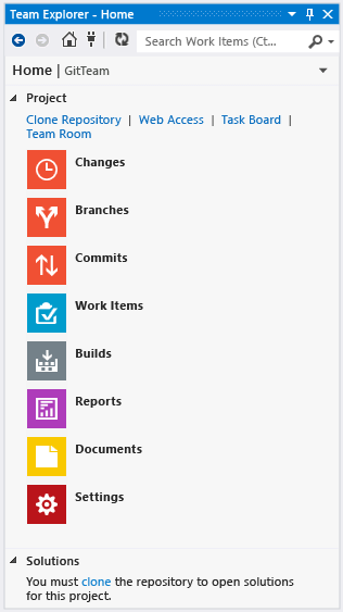 Team Explorer Home page with Git as source control