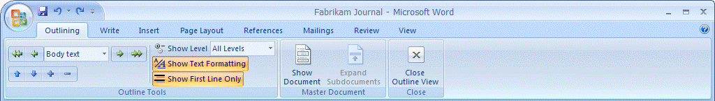 Outline mode in Word 2007 with Outlining tab