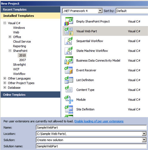 Select the Visual Web Part project type