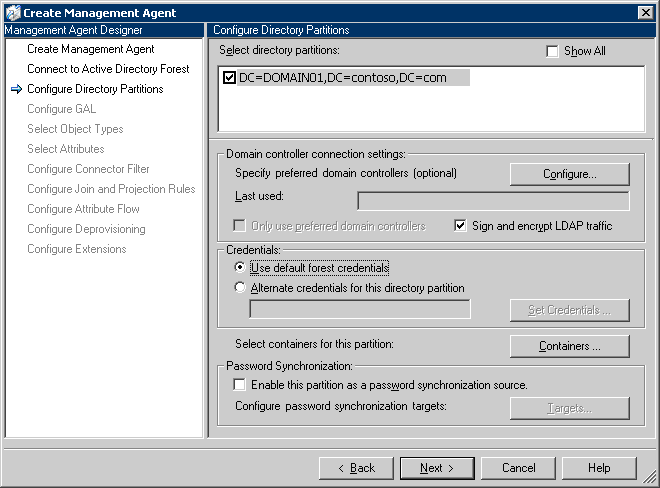 Create MA, Config Directory Partitions page