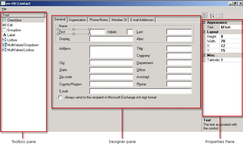 details template with callouts to work areas