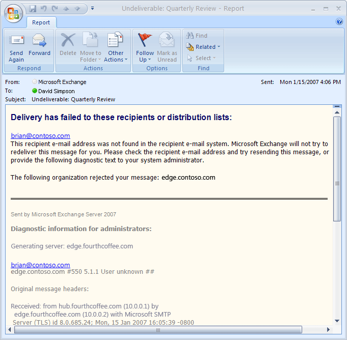 NDR showing different generating/sending servers