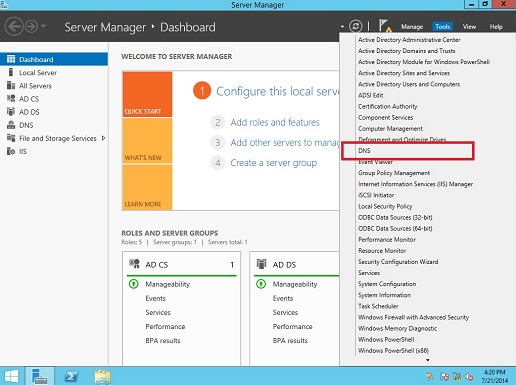 Opening DNS from Server Manager.