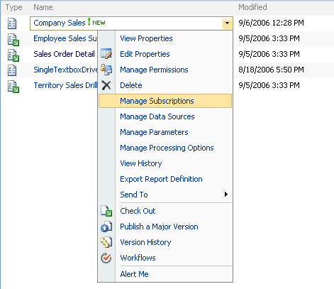 Menu items for a report definition