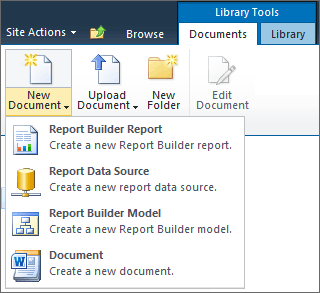 Elementy usług SSRS w menu Nowy dokument programu Sharepoint