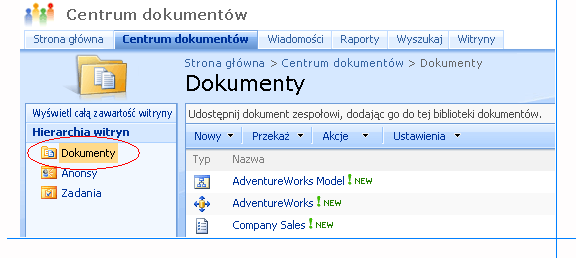 Biblioteka programu SharePoint z elementami serwera raportów