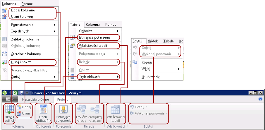 Mapowanie karty Projekt na wstążce na menu w systemie Windows XP