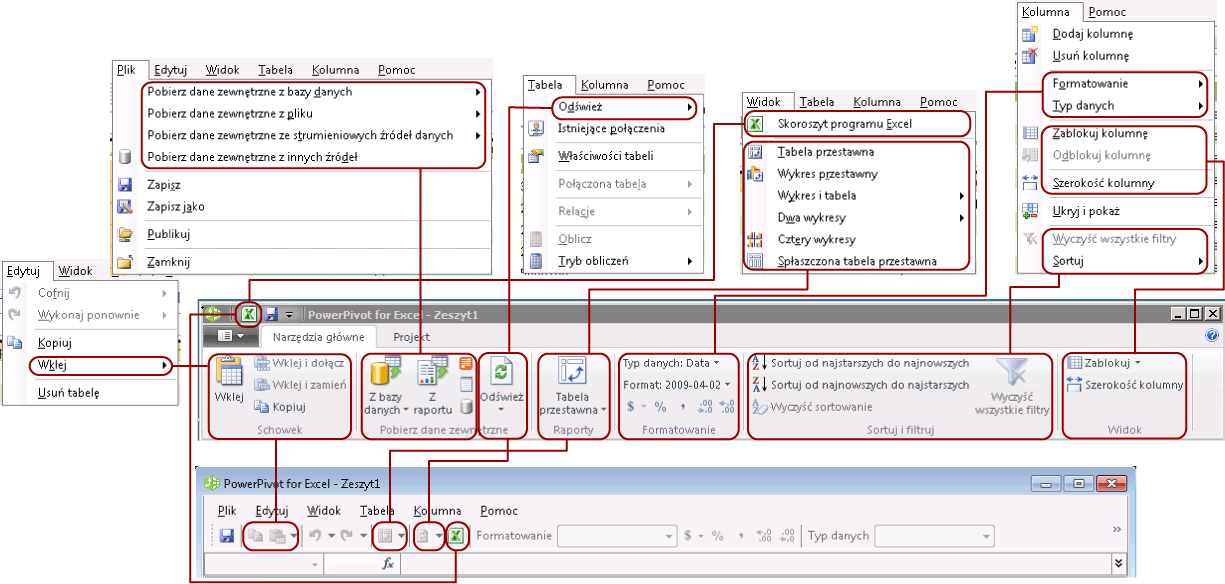 Mapowanie karty Narzędzia główne na wstążce na menu w systemie Windows XP