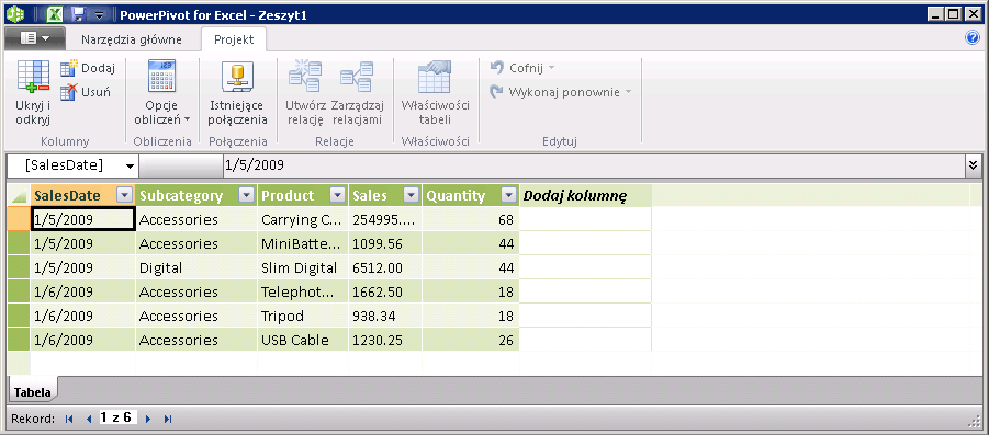 Karta Projekt z objaśnieniami w oknie programu PowerPivot