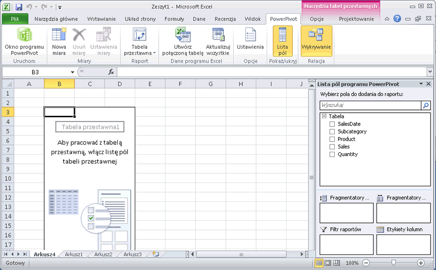 Karta programu PowerPivot w programie Excel z objaśnieniami