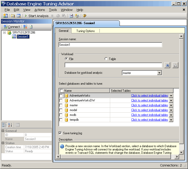 Okno domyślne programu Database Engine Tuning Advisor