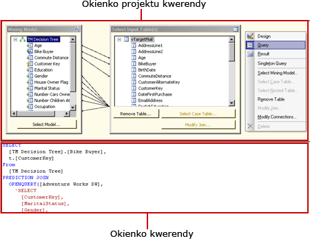 Projektant zapytań DMX usług Analysis Services, widok zapytania