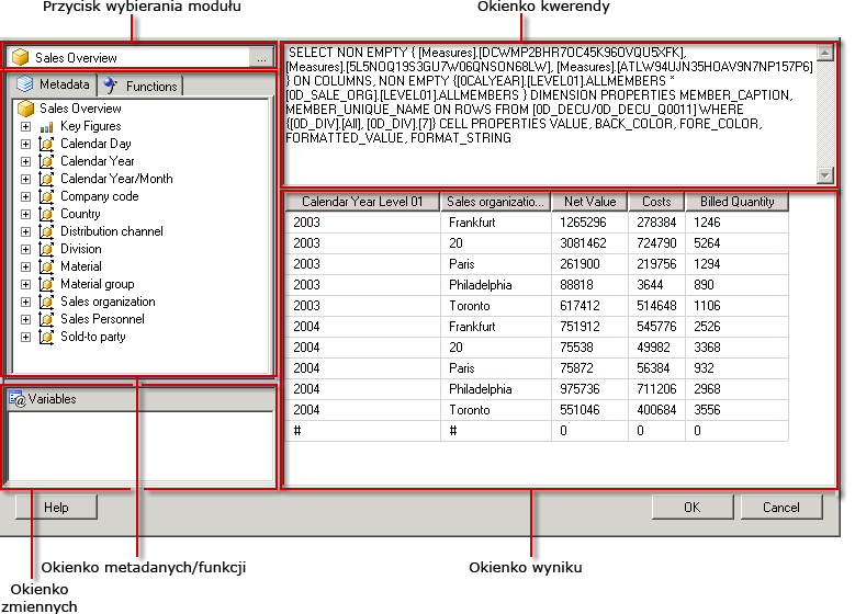 Projektant zapytań MDX programu SAP BW w widoku zapytania