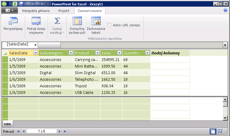 Karta Zaawansowane w oknie programu PowerPivot