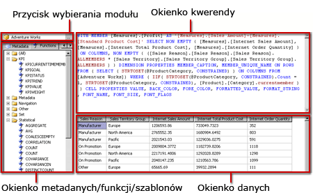 Projektant zapytań MDX usług Analysis Services, widok zapytania