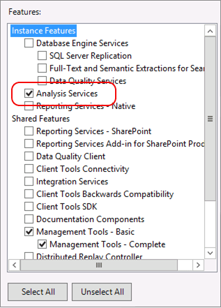 Setup feature tree showing Analsyis Services