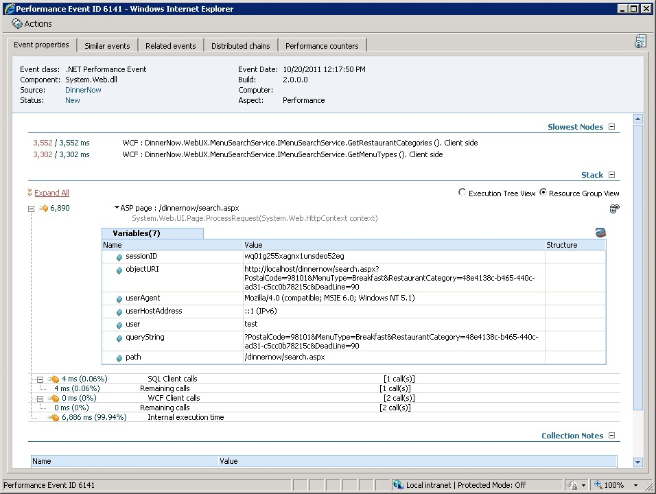 Event properties tab with expanded stack