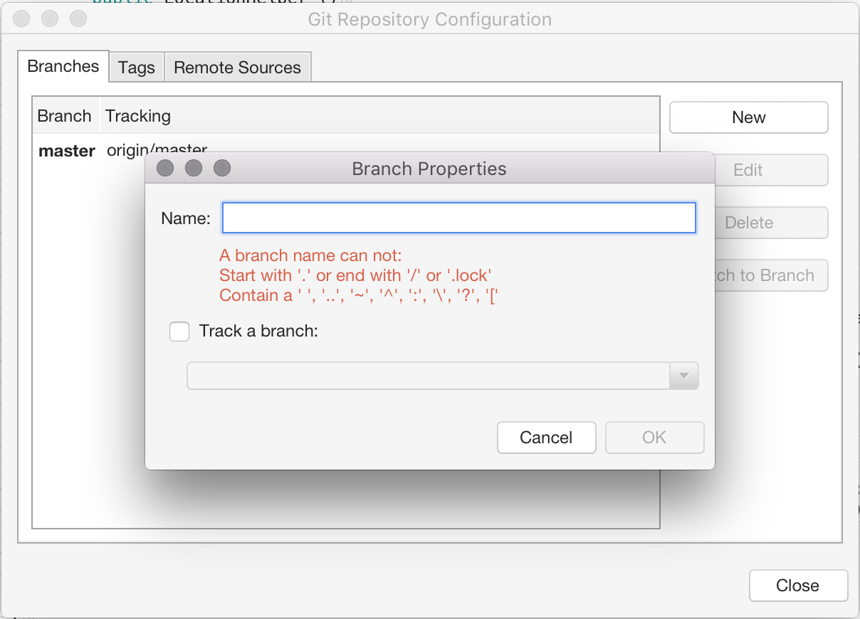 A screenshot of the create new branch dialog, showing a blank name field and a message listing out allowed characters for the branch name.