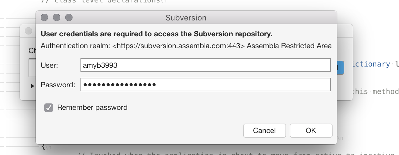 Entering credentials for subversion repo