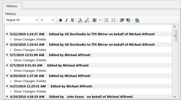 History tab and field on work item form