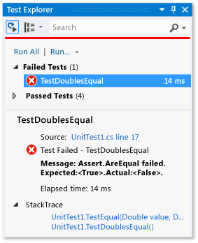 Nieudany test jednostki Test Explorer wyświetlone dla równości