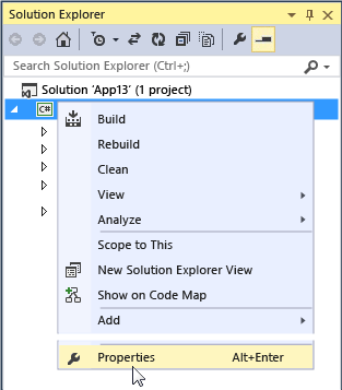 Właściwości Eksploratora rozwiązań programu Visual Studio