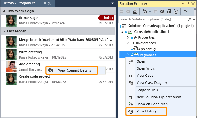 Historia pliku Git z Eksploratora rozwiązań