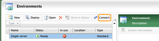 Wybierz środowisko i Connect.