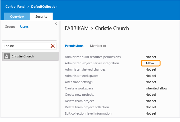 Ustaw uprawnienie administrowania Integracja programu Project Server