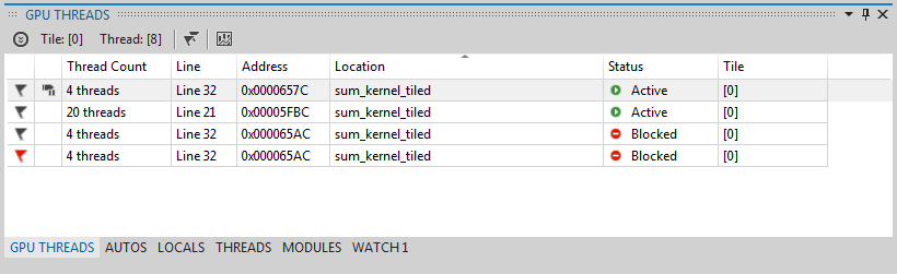 Windows wątków GPU przedstawiający zablokowane wątki