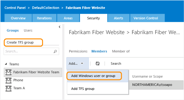 Tworzenie grupy TFS łącze na stronie administratora zabezpieczeń
