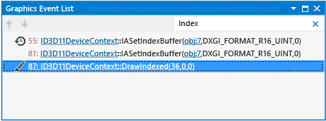 Lista zdarzeń, które mają "Indeks" w nazwie.