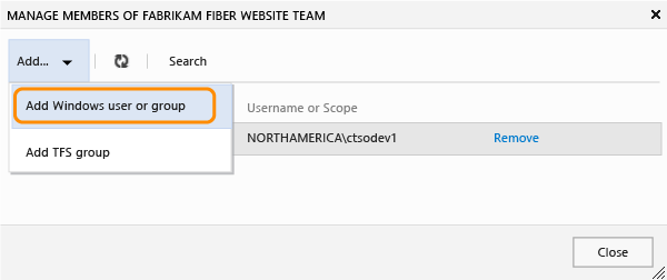 Możliwość dodania kont systemu Windows lub grupy TFS