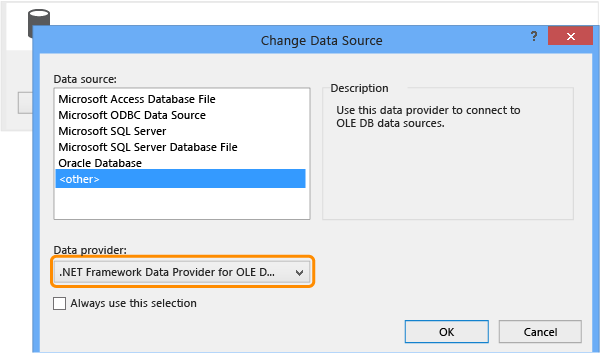 Wybierz dostawcy danych OLE DB programu .NET framework