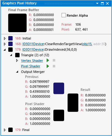 The pixel history shows one DrawIndexed event.