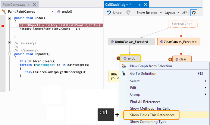 Show fields in a method on call stack code map