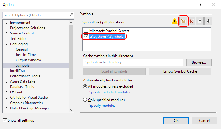 Mixed mode debugger symbols options