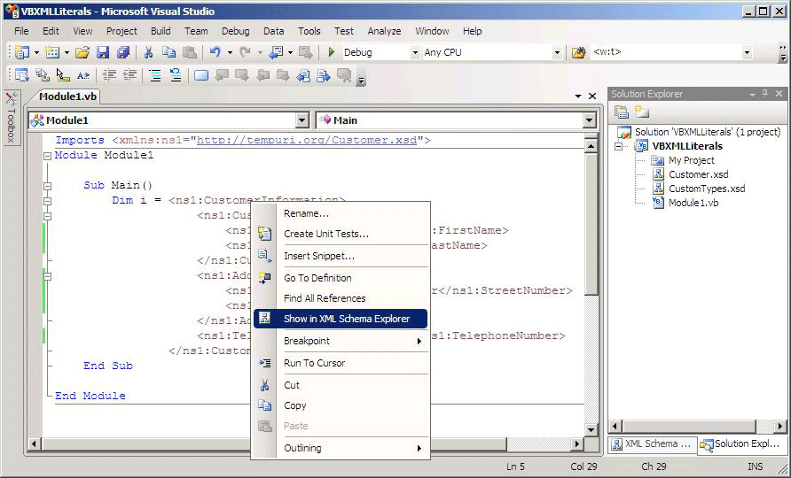 Screenshot of a Visual Basic project window showing that the XML Schema Explorer and Solution Explorer have been opened in the right pane.