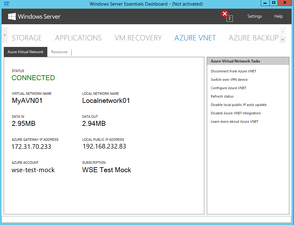 A screenshot showing the Azure VNet page of the Windows Server Essentials dashboard. The Azure Virtual network tab is selected and shows the status as Connected, and under this status information the details of the virtual network are displayed.