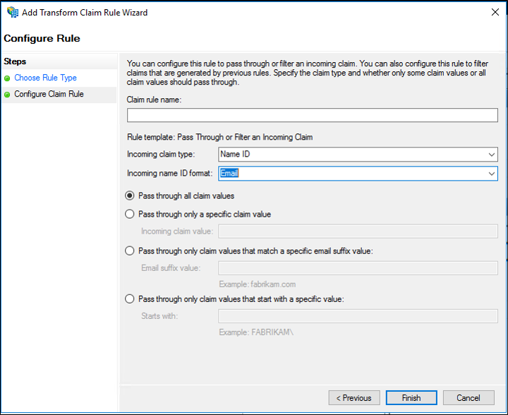 Screenshot that shows the Configure Claim Rule screen.