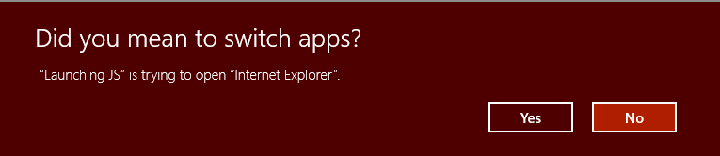 A warning dialog overlayed on a grayed out background of the app. The dialog asks the user if they want to switch apps and has ‘Yes’ and ‘No’ buttons in the bottom right. The ‘No’ button is highlighted.