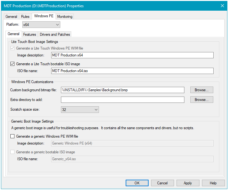 Screenshot of the MDT production properties dialog box.