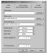 Figure 19-12: Use the zone's Properties dialog box to set general properties for the zone and to update the SOA record.