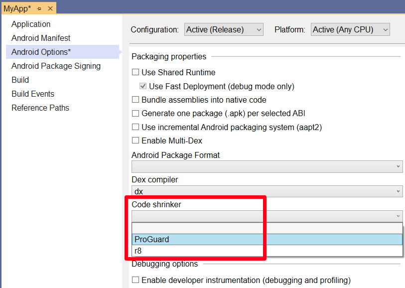 Proguard code shrinker selected