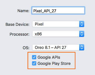 Example AVD with Google Play Services and Google Play Store enabled